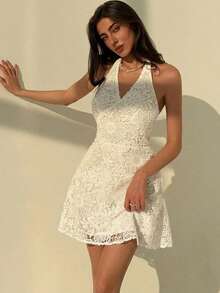 Aloruh 女士新款纯白色露背系带蕾丝A字迷你连衣裙，适合婚礼季、春夏穿着 - 白色 - 查看 1
