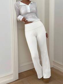 Aloruh White Rib Knit Extra Long Flares Sweater Pants For Women Casual Plain Pattern - White - View 6
