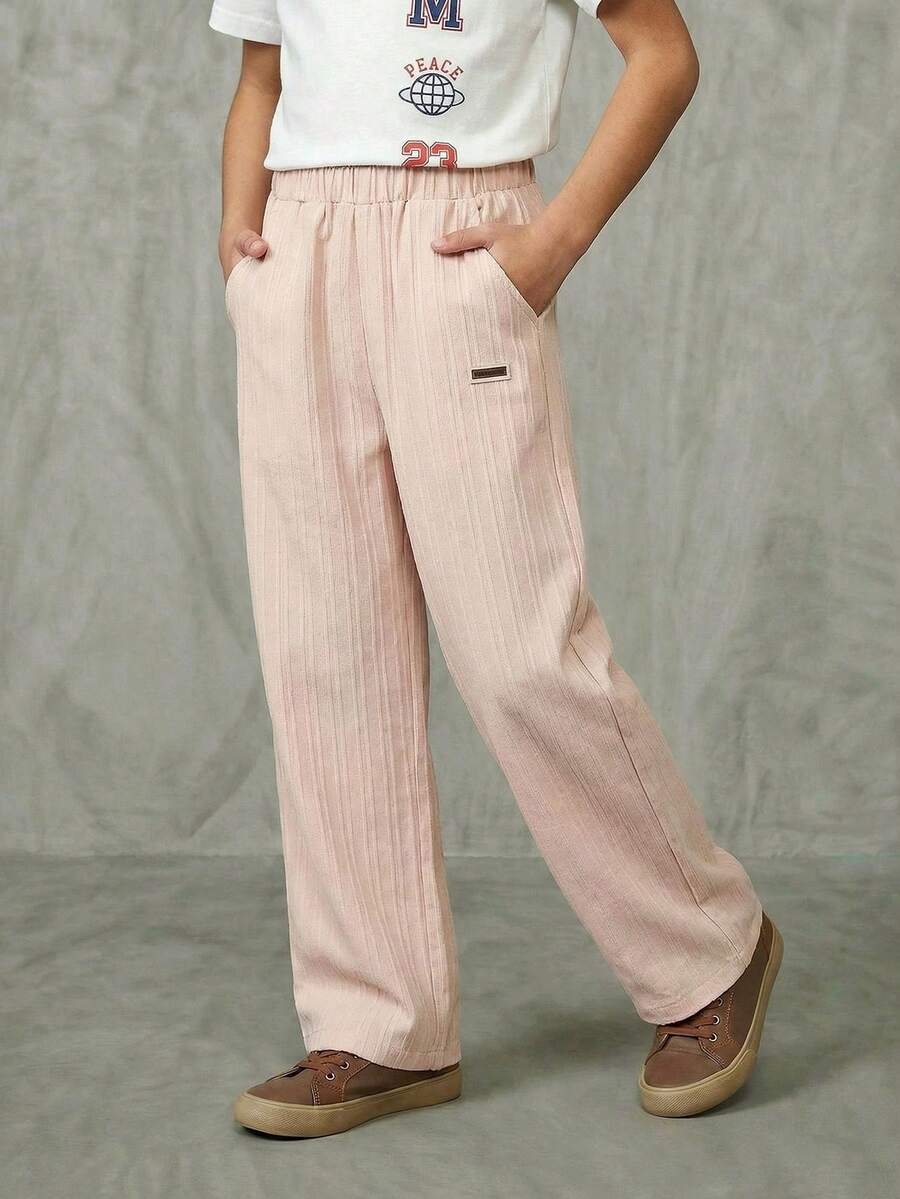 SHEIN Casuvi Kids 男童卡其色竖条纹罗纹宽松直筒裤，休闲百搭春夏新款，经典简约易搭，适合校园、都市休闲、周末聚会等场合。 - 卡其色 - 查看 1