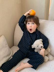 DAZY 女婴格子印花长袖衬衫和宽松长裤睡衣套装（2件套） - 藏蓝色 - 查看 7