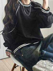 FRIFUL Women's Loose Fit Round Neck Sporty Contrast Tape T-Shirt - Black - View 5