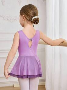 Young Girls Sleeveless Purple Ballet Dress, High Stretch Smooth Fabric With Soft Mesh Skirt Layer, Suitable For Ballet Performance, Competition, And Training - Purple - View 2