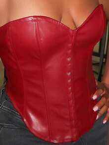 Tyla Gomez Áo ống da PU màu đỏ cho nữ - Màu Đỏ Sâu - Xem 5