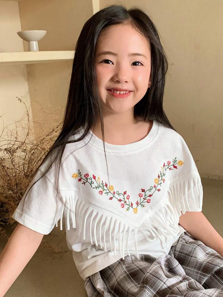 Young Girls Floral Embroidery Casual Fringe Trim Round Neck Short Sleeve T-Shirt Spring