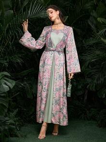 Al Najma 女士春夏梭织数码印花优雅阿拉伯风格收腰连衣裙 - 彩色 - 查看 4