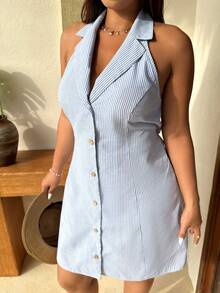 SHEIN EZwear Đầm không tay kẻ sọc cỡ lớn dành cho nữ, đầm kẻ sọc bằng vải lanh, trang phục mùa thu dành cho nữ, trang phục giáo viên phong cách retro, trang phục công sở dành cho nữ, trang phục giáo viên, trang phục đi làm, phong cách công sở đơn giản retro, 100% cotton, đầm hè dành cho nữ, đầm mùa hè dành cho nữ, trang phục công sở thường ngày dành cho nữ. - Xanh và trắng - Xem 3