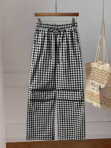 SHEIN Elenzya Women's Casual Pants, Classic Plaid, Elastic Waist, Loose Wide Leg, Suitable For Home, Leisure, And Commuting - Black and White - View 3
