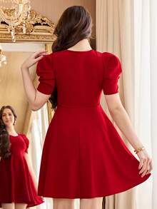 少女春夏休闲优雅修身羊腿袖甜心领拼接喇叭下摆连衣裙，红色，适合情人节、母女装 - 紅色 - 查看 2