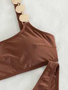 Swim Chiccia Bộ bikini hai mảnh lệch vai gợi cảm dành cho nữ, thiết kế tối giản thanh lịch với điểm nhấn kim loại, màu trơn, thích hợp cho kỳ nghỉ biển, mùa xuân/hè. - màu nâu - Xem 3