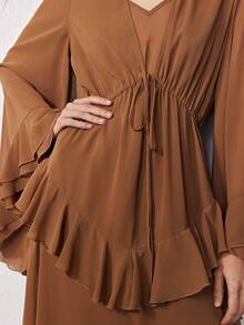 ZEYLAH Elegante vestido romántico con cuello en V, cintura fruncida y volantes en el bajo, para primavera/verano - Marrón - Ver 2