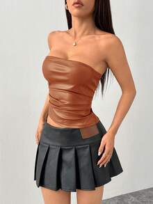 SHEIN PETITE Brown Sleeveless Strapless Crop Top Women's Party Style PU Leather With Ruched Textured Pattern - Brown - View 5