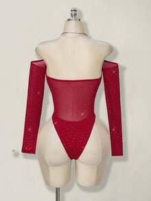 SHEIN ICON Women's Fashionable Sexy Off-Shoulder Long Sleeve Bodysuit - Burgundy - View 2