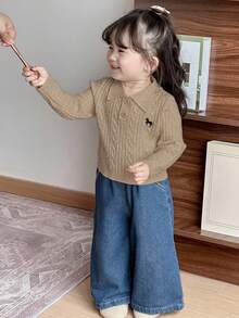 DAZY Baby Girls Crochet Knit Button-Up Long Sleeve Sweater - Khaki - View 5