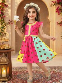 1pc Young Girl Sweet Middle Eastern Red Rose Print + Color Block Cap Sleeve Dress With Crossbody Bag, Lightweight, Cute Dress For Daily & Festivals, Summer - Multicolor - View 3