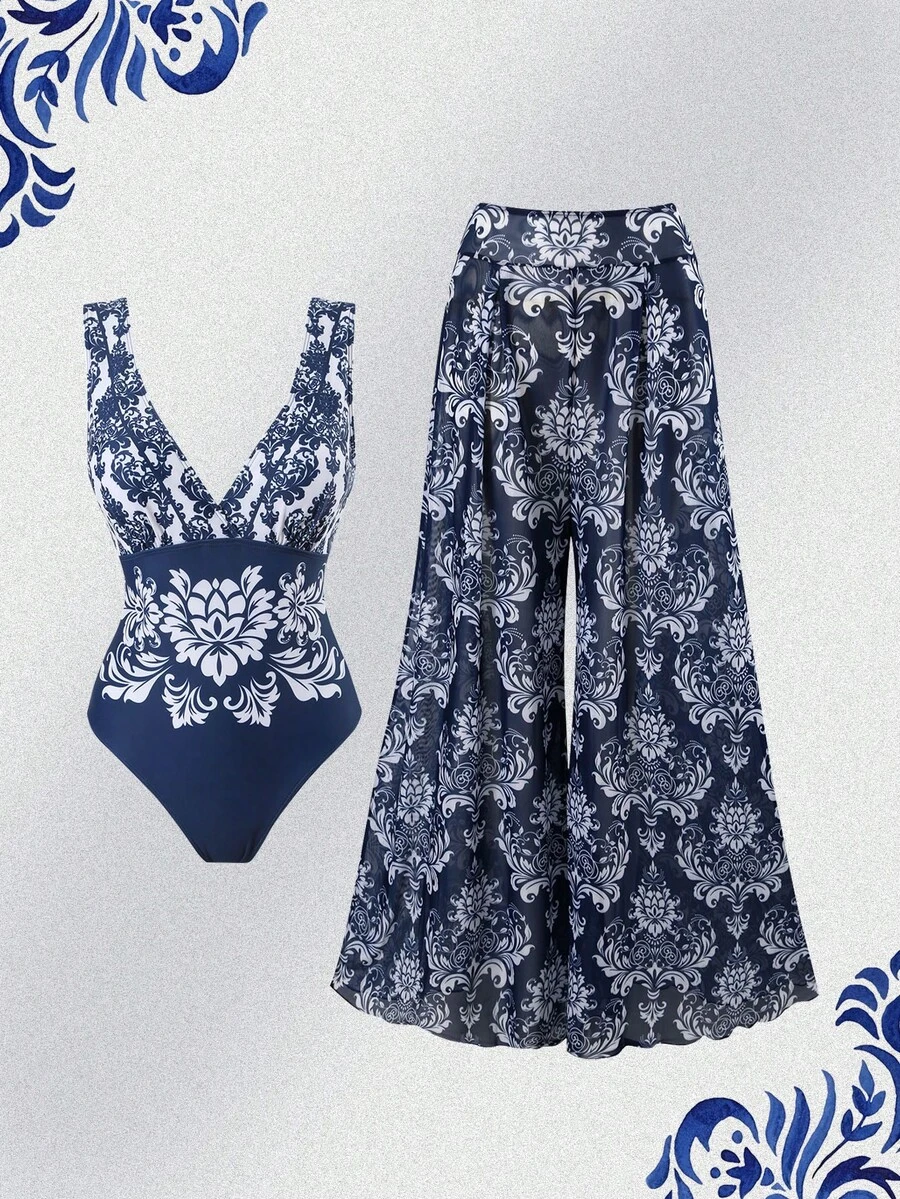 Swim Oasis 1pc Women V-Neck Floral Print Jumpsuit - Navy Blue - View 1