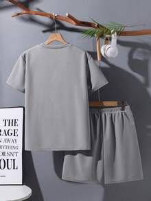 Conjunto de camisetas casuales holgadas con textura de gofre para adolescentes varones, tela cómoda adecuada para uso casual diario - Gris - Ver 2