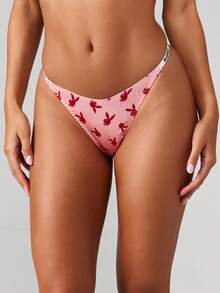 Missguided x Playboy Cheeky Thong Bikini Bottom With Bunny Logo Print High Cut Brazilian Style String Swimwear For Beach Pool Summer Vacation - Multicolor - View 1