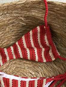 Swim Vcay 红色条纹编织比基尼套装，海滩度假，春夏 - 紅色 - 查看 4