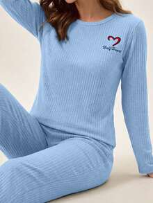 EURMUSE 100%Cotton Letter Embroidery Ribbed Knit Lounge Set - Baby Blue - View 4