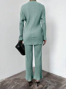 EURMUSE 2pcs Women Casual Commuting Solid Color Long Sleeve Top And Pants Set - Mint Green - View 6