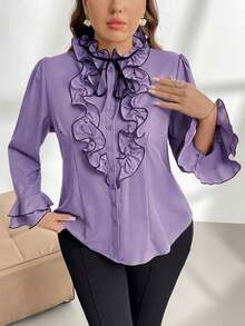 Firerie 大码优雅撞色喇叭袖长袖衬衫，通勤风格 - 紫色 - 查看 3