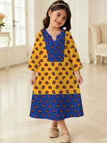 SHEIN Đầm maxi Kaftan thanh lịch, cổ điển, độc đáo, trang nhã dành cho bé gái, họa tiết hoa, màu đỏ tía hồng, phối vàng và xanh lam, thích hợp cho mùa xuân/hè, lễ hội, quý cô thanh lịch, đầm maxi dài tay cổ chữ V dáng rộng kiểu Ả Rập, thích hợp cho các buổi lễ kỷ niệm, mặc hàng ngày, đi chơi, kỳ nghỉ vui vẻ, Abaya, trang phục truyền thống Ả Rập, Jalabiya, Abaya - Nhiều màu - Xem 2