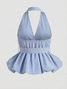 Olithes 2026新款女士裹身式露背上衣，饰有蝴蝶结，经典条纹图案 - 适合日常休闲、办公室通勤、轻松度假穿着 - 彩色 - 查看 2