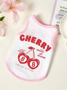 PETSIN 1pc Red Cherry Letter Printed Pet Vest With Pink Edging And White Background, Sports Style, Breathable And Skin Friendly Pet Clothing - Multicolor - View 1