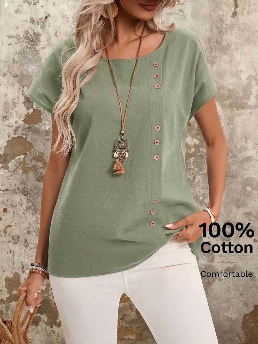 EMERY ROSE 纽扣细节圆领蝙蝠袖休闲衬衫 女士夏季纯棉衬衫 - 綠色 - 查看 1