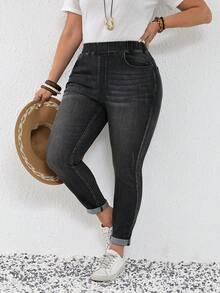 SHEIN CURVE+ 大码女式弹力腰带口袋修身休闲百搭牛仔裤，春夏情人节嘉年华服装通勤度假毕业时尚Y2K可爱街头风派对婚礼优雅商务休闲女式大码修身牛仔裤弹力腰带深色水洗牛仔裤，日常穿着舒适 - 黑色 - 查看 6