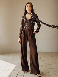 Áo kiểu nữ Anewsta thanh lịch cổ buộc dây, chất liệu satin mềm mại, màu nâu chấm bi cổ điển, tay dài, thích hợp cho mùa xuân/hè. - màu nâu - Xem 4