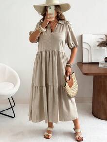 Ceyna Vestido corto de manga corta con cuello en V, estilo casual, a rayas y lunares, vestido de picnic para mujer, ropa de resort, vestido casual de verano a rayas y midi, vestido de verano estilo prairie, vestidos de verano para mujer, vestido con volantes, vestido casual con cuello en V para mujer - Caqui - Ver 6