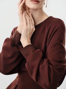 Aalyst Women's Knitted Crew Neck Raglan Long Sleeve Ribbed Patchwork Pleated Fitted A-Line Elegant Sophisticated Sweatshirt, Autumn/Winter - Brown - View 5