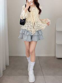 FRIFUL 两件套女士蕾丝吊带衬衫，荷叶边装饰，修身浪漫上衣套装 - 白色 - 查看 3