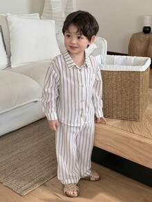 DAZY Toddler Boys' Striped Casual Comfortable Long Sleeve Shirt Set - Beige - View 1