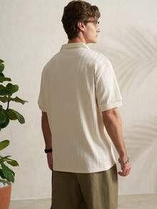 Airaco Men's Solid Color Textured Collar Short Sleeve Casual Versatile T-Shirt - Beige - View 3