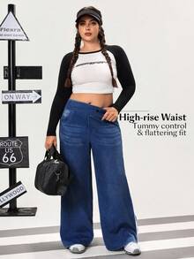 Flexra Plus Size Women High Waist Pockets Wide Leg Loose Side Stripe Fashion Casual Jeans - Dark Wash - View 7
