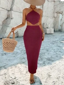 Breezaya Women's Solid Color Minimalist Halter Top And Skirt 2-Piece Casual Vacation Set - Burgundy - View 4