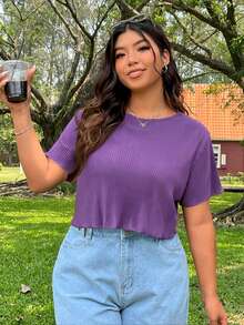 SHEIN EZwear Plus Size Solid Color Round Neck Short Sleeve Ribbed Loose Cropped T-Shirt - Purple - View 4