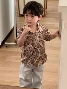 DAZY Toddler Boys' Allover Print Casual Turndown Collar Short Sleeve Vacation Top, Spring/Summer - Coffee Brown - View 5