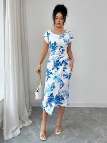 Elenzga 优雅中长款短袖连衣裙，适合约会、聚会和日常穿着，修身设计搭配扭结装饰，既显身材又显瘦，优雅的印花连衣裙也适合婚礼、派对和时尚场合。 - 藍色 - 查看 6