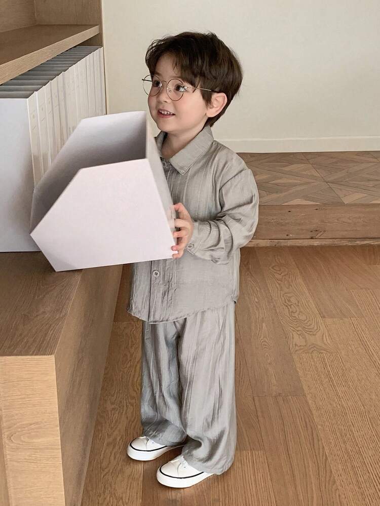 Toddler Boys' Fashion Shirt Set, Korean Style Casual Outfit, Grey, Lightweight Shirt Top And Wide Leg Pants 2-Piece Set, Spring/Summer/Autumn