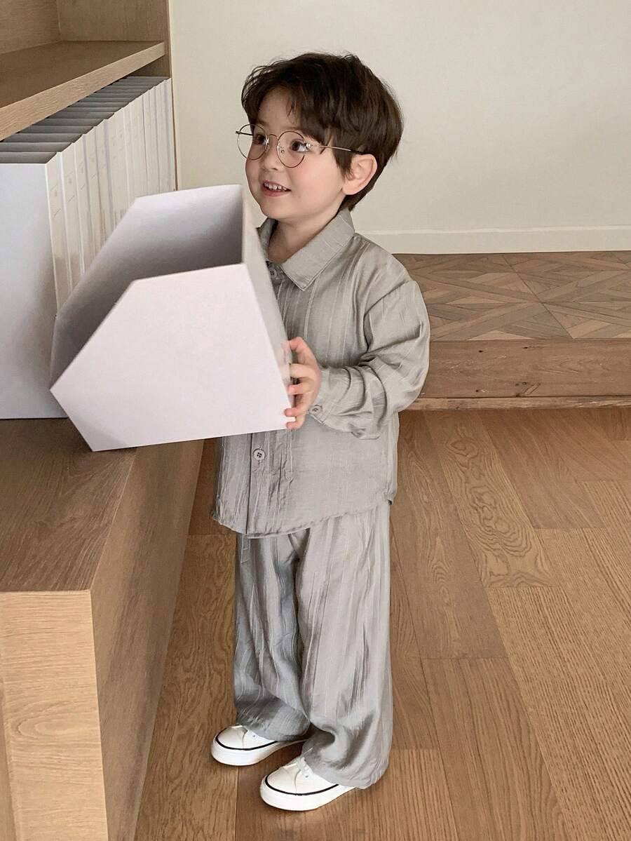 DAZY Toddler Boys' Fashion Shirt Set, Korean Style Casual Outfit, Grey, Lightweight Shirt Top And Wide Leg Pants 2-Piece Set, Spring/Summer/Autumn - Dark Grey - View 1