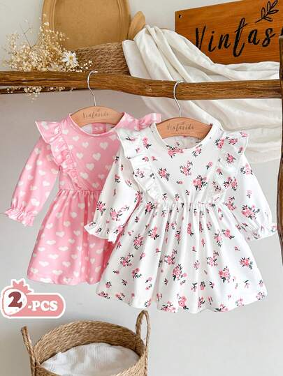 Vintaside Kids 2pcs Newborn Baby Girls Comfortable Casual Cute Floral & Heart Print Round Neck Regular Thickness Ruffle Hem Long Sleeve Basic Style Fashion Versatile Simple Elegant Soft Dress Set, Suitable For Spring/Autumn Everyday Wear, Home, Outing, Travel