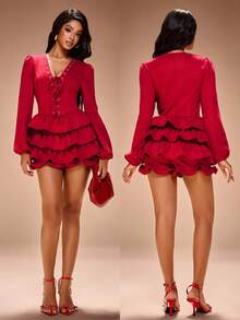 Radiana Vestido Curto Elegante e Sexy de Camurça Vermelha com Babados em Camadas, Vestido Justo de Malha em Tecido de Camurça, Adequado para Encontros, Reuniões, Aniversários, Festas, Natal, Réveillon, Boates, Festivais de Música, Feriados - Vermelho - Visão 5