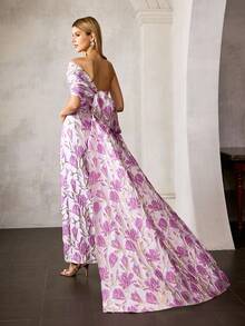 MOTF Soiréza WOMEN'S JACQUARD ONE SHOULDER PARTY PROM DRESS WITH SKIRT - Mauve Purple - View 2