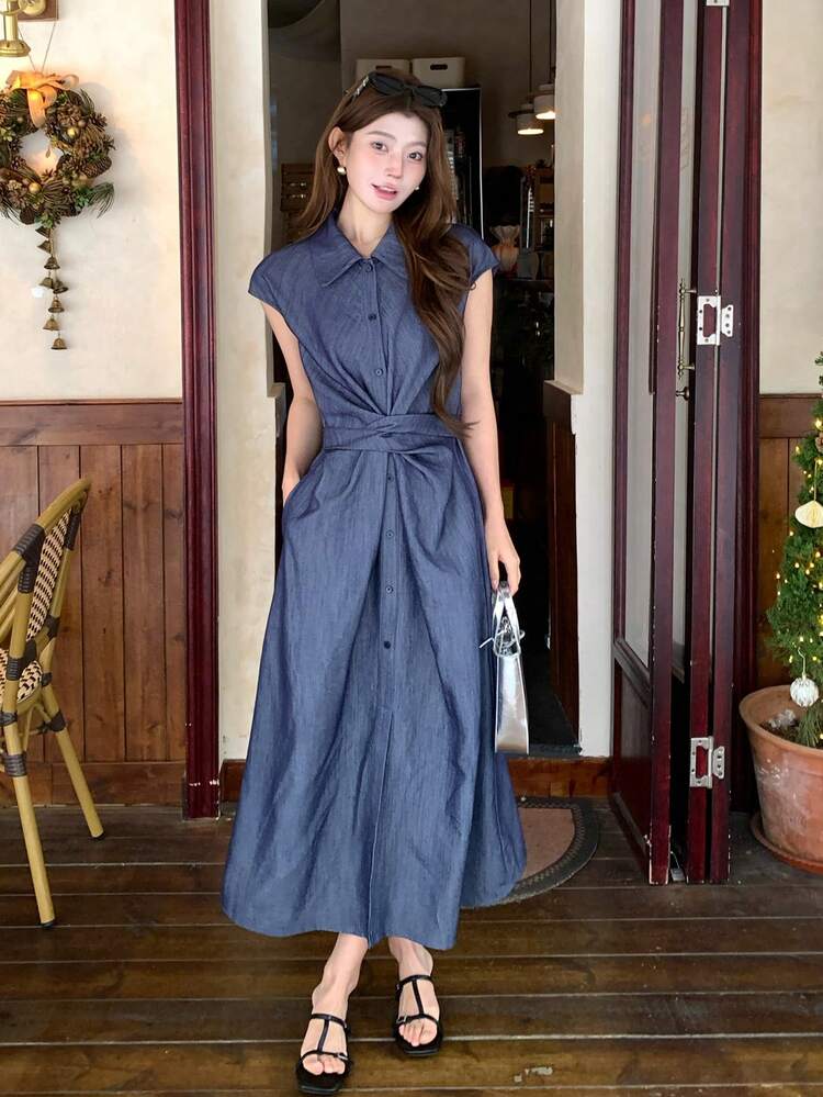 Women's Collared Twist Solid Color Sleeveless Mid-Length Dress Summer Sundress