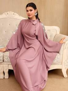 Al Najma 女士春夏粉色编织长袖串珠缎带优雅土耳其长袍和阿拉伯传统长裙 - 粉色 - 查看 6