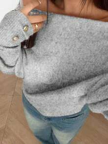 Sunnyshic Plus Size Sexy Off-Shoulder Solid Color Knit Sweater - Grey - View 1