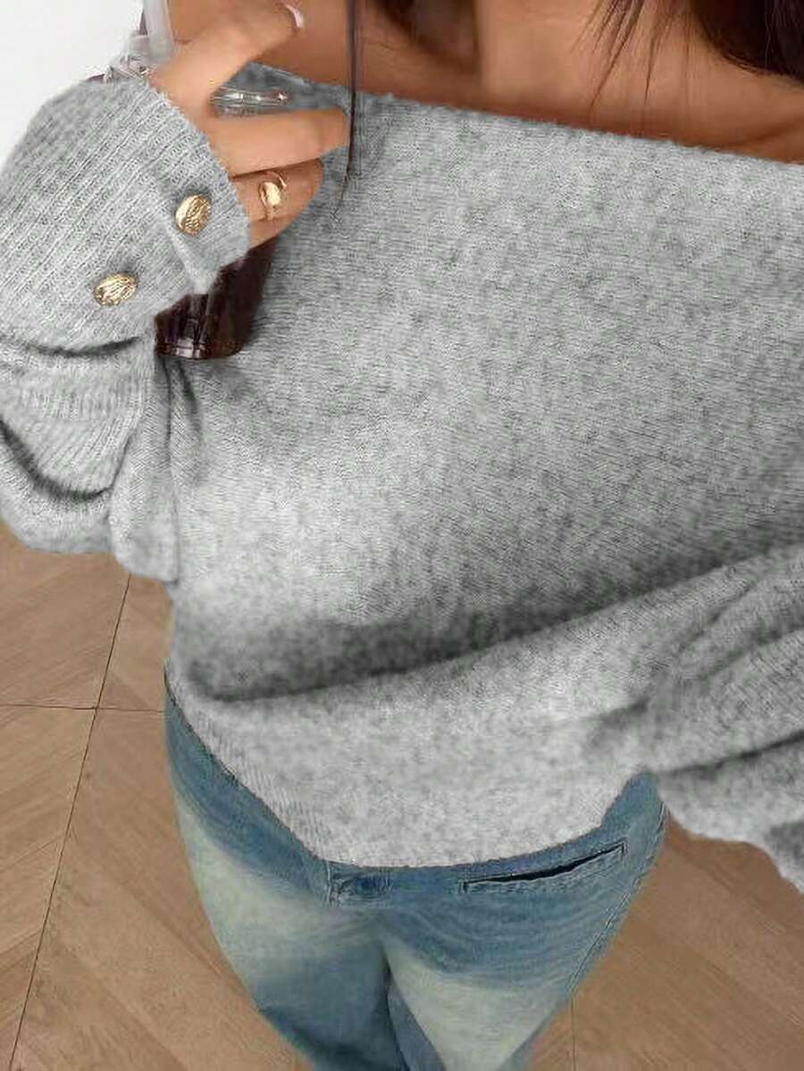 Sunnyshic Plus Size Sexy Off-Shoulder Solid Color Knit Sweater - Grey - View 1